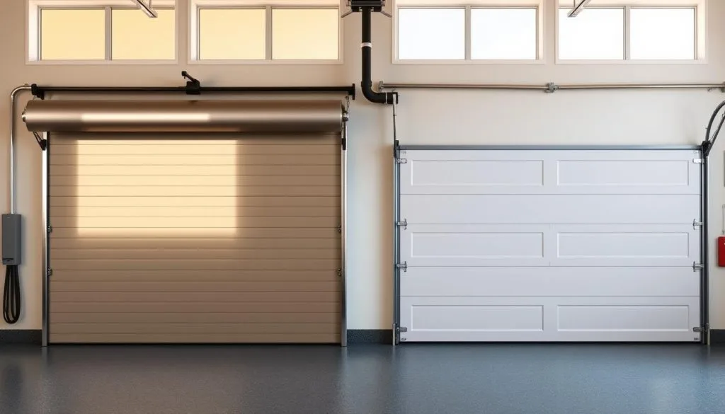 Side-by-side comparison of a roller door and a panel lift garage door